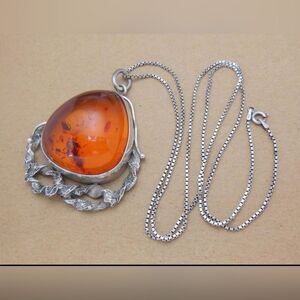 2" Huge Vintage Freeform Sterling Silver Genuine Baltic Amber Pendant Necklace